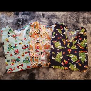 3 Holiday Christmas scrub tops sz L Serene uniform